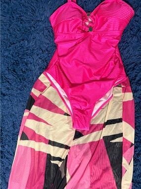 Hot Pink One-Piece Swimsuit with Printed Cover-Up NWT